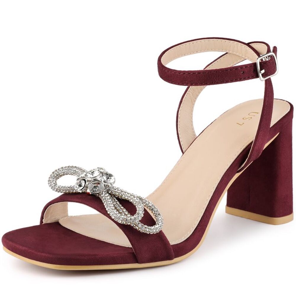 Rhinestones Slingback Chunky High Heel Sandal for Women, Burgundy
